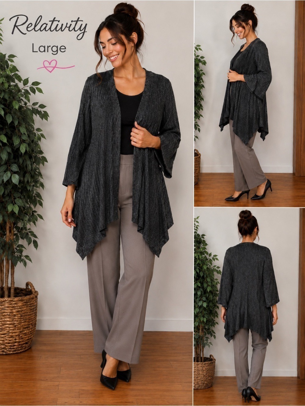 Relativity Charcoal Ribbed Open Front Cardigan XL Waterfall Hem
